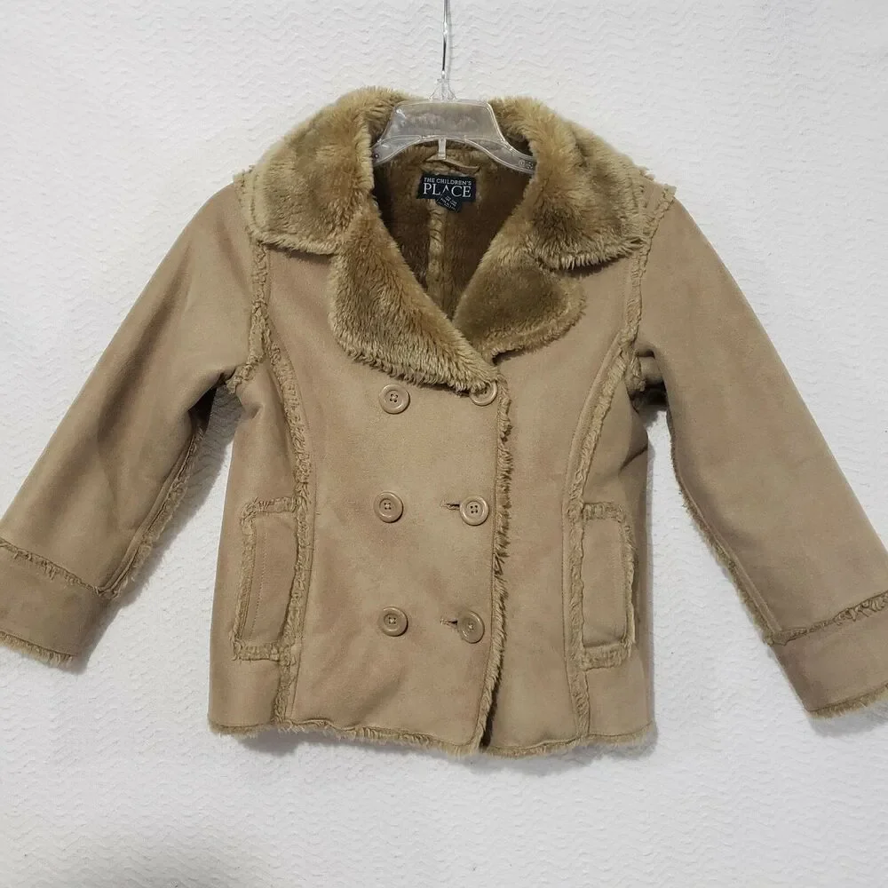 The Children's Place Beige faux suede and fur Coat jacket buttons Girls M (7/8)